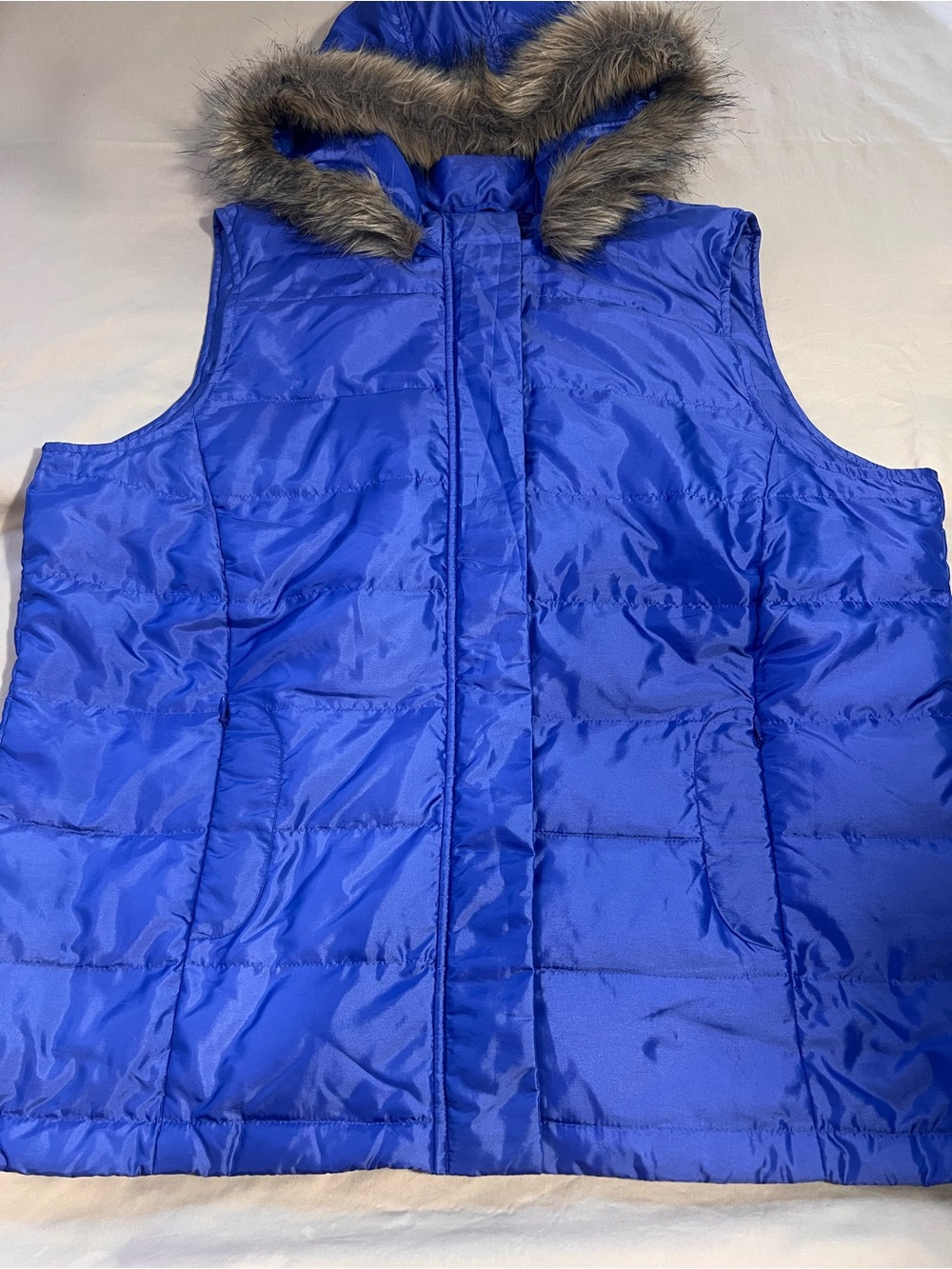 Talbots Girls Royal Blue Quilted Puffer Vest with Faux Fur Trim Hood